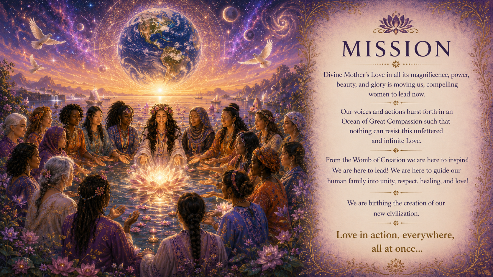 Divine Mothers Love Mission Divine Mothers Love:<br />
Mission<br />
Divine Mother’s Love in all its magnificence, power, beauty, and glory is moving us, compelling women to lead now. Our voices and actions burst forth in an Ocean of Great Compassion such that nothing can resist this unfettered and infinite Love. From the Womb of Creation we are here to inspire! We are here to lead! We are here to guide our human family into unity, respect, healing, and love! We are birthing the creation of our new civilization. Love in action, everywhere, all at once…