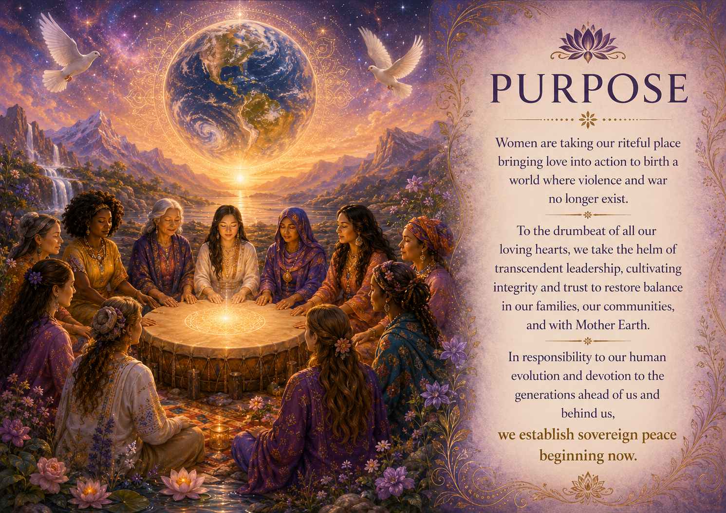 Divine Mothers Love Purpose Divine Mothers Love Purpose</p>
<p>Women are taking our riteful place bringing love into action to birth a world where violence and war no longer exist. To the drumbeat of all our loving hearts, we take the helm of transcendent leadership – cultivating integrity and trust to restore balance in our families, our communities, and with Mother Earth. In responsibility to our human evolution and devotion to the generations ahead of us and behind us, we establish sovereign peace beginning now.